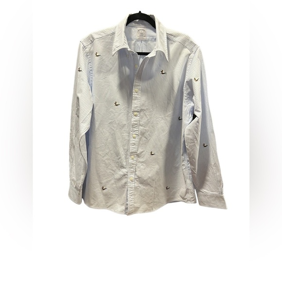 Brooks Brothers Bird-Embroidered Striped Cotton Poplin Shirt Size L red fleece - Picture 3 of 8